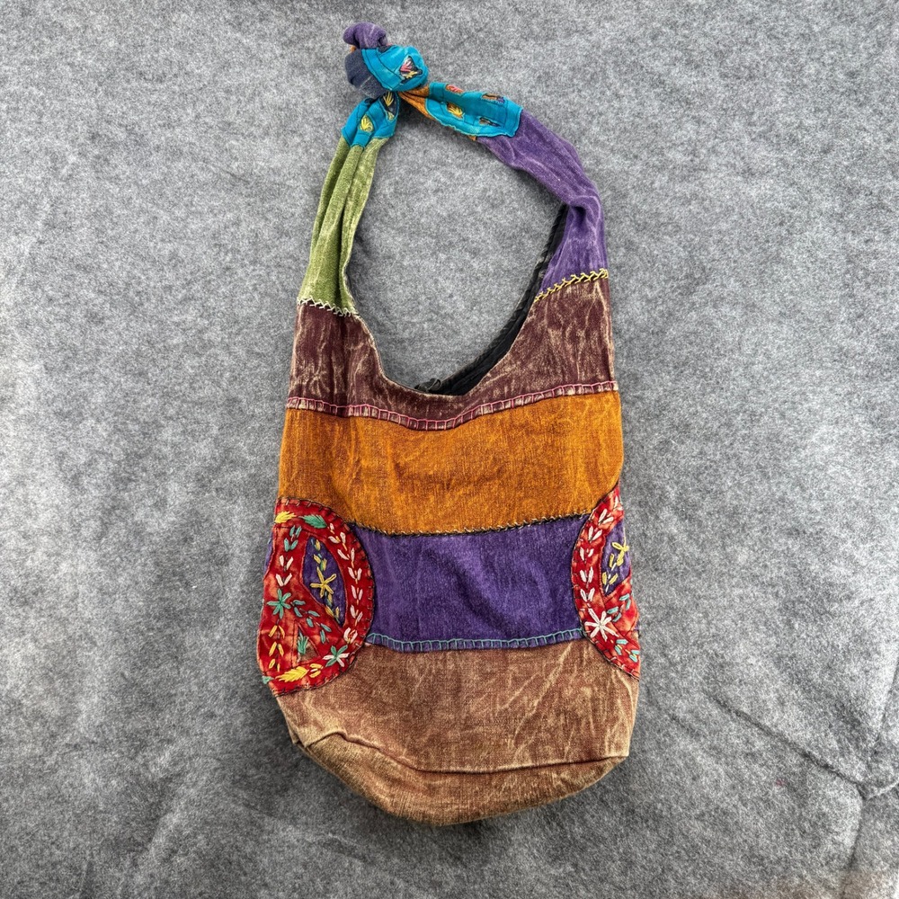 Made in Nepal Boho Patchwork Hobo Bag‎ Womens Multicolor Peace Sign Embroidery